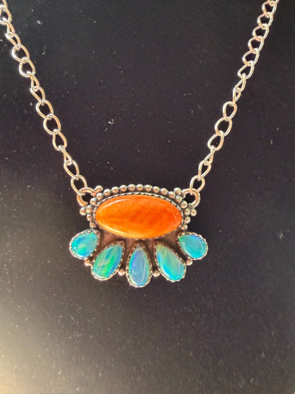 Sterling Sliver-Style Orange Spiny and Blue Opal Pendant Necklace - Picture 3 of 6